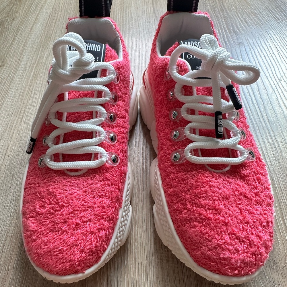 Moschino Hot Pink Terry-Style Teddy Bear Lace-Up Sneakers